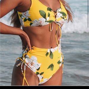 Cupshe two piece floral yellow swim suit high waist